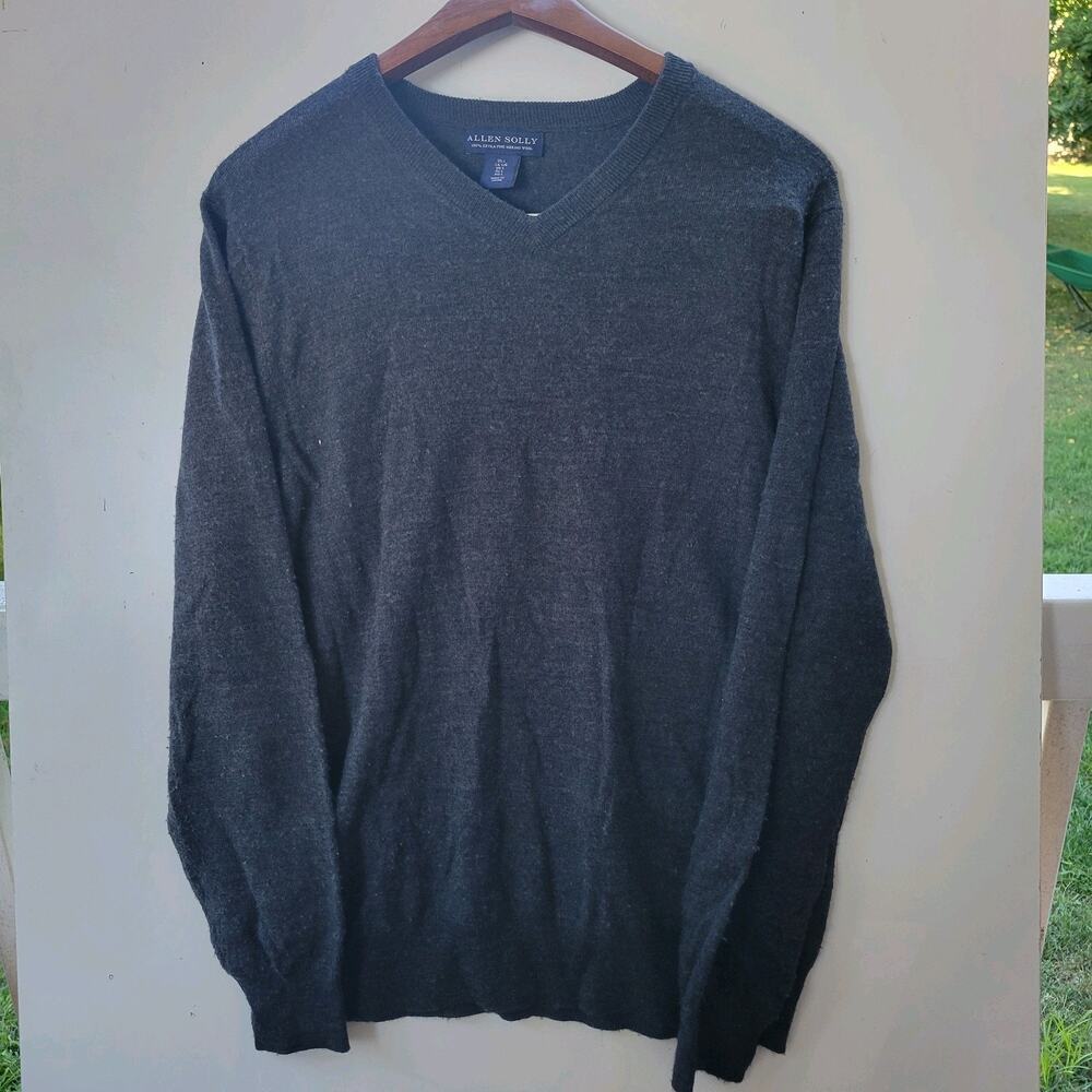 Warm ALLEN SOLLY Charcoal Merino WOOL Men Size Large L KNIT V-Neck Thin‎ Sweater